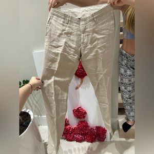 100% Capri Beige Woman 100% Linen Pants - Size 42